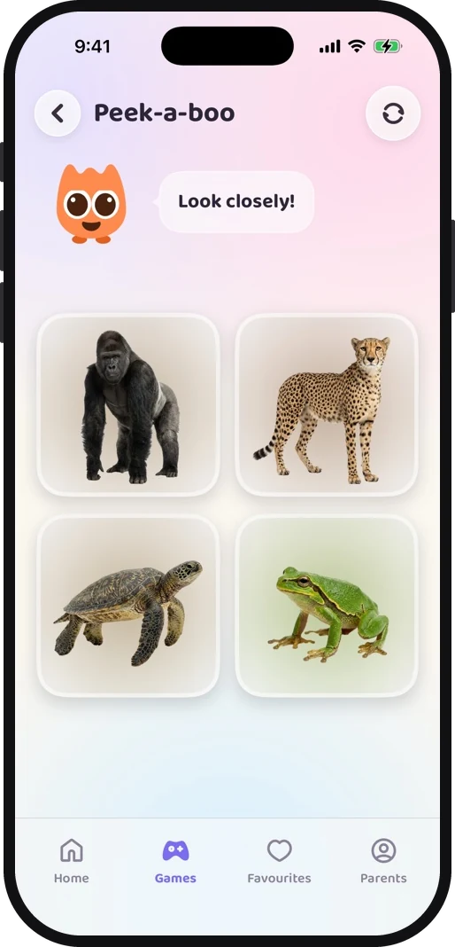 Wibbo's Peek-a-boo game for toddlers, asking you to look closely at four animal photographs before they hide
