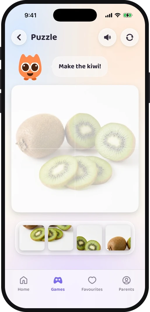 Wibbo's puzzle game for toddlers, four photograph pieces waiting below the outline of a kale leaf