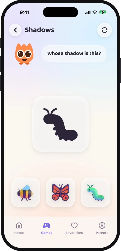 Wibbo's shadow matching game for toddlers, a black butterfly silhouette above three colourful objects