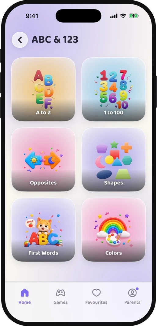 Wibbo ABC flash cards app on iPhone, light theme