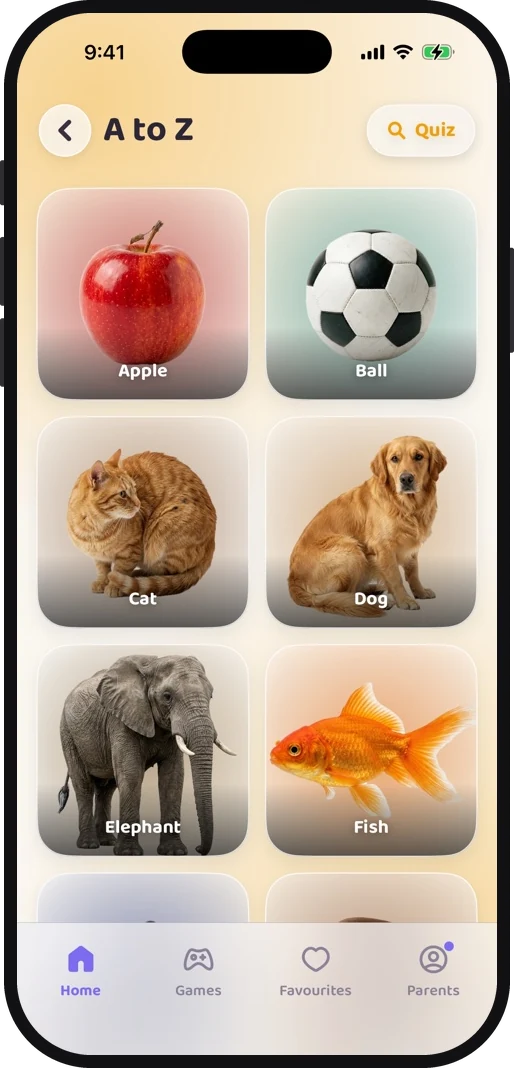 Wibbo running on an iPhone, showing the A to Z shelf: photo cards for apple, ball, cat, dog, elephant and fish