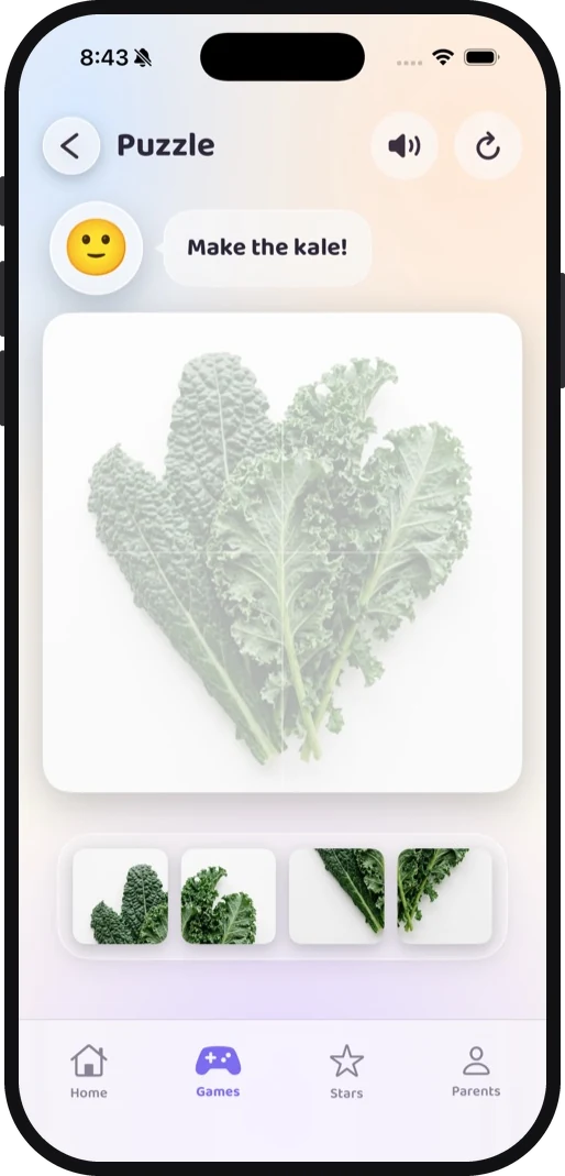 The puzzle game asking you to make the kale, with four photograph pieces waiting in a tray below