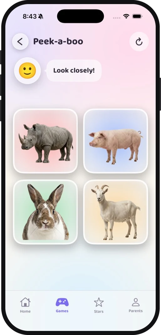 Peek-a-boo asking you to look closely at a rhino, a pig, a rabbit and a goat
