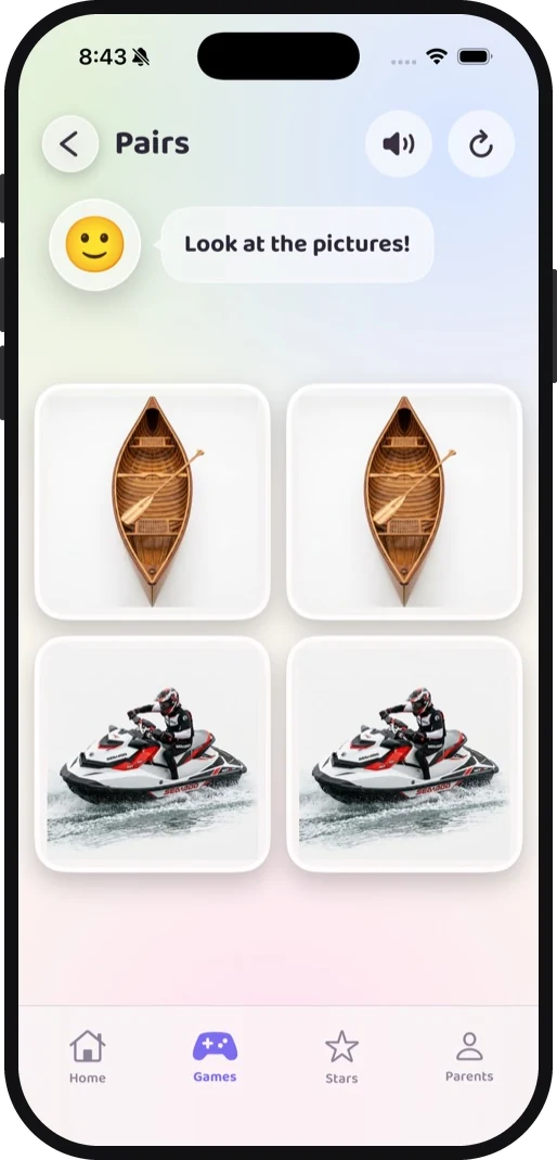 The pairs game showing two canoes and two jet skis to match up