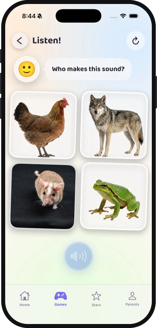 The listen game asking who makes this sound, with a hen, a wolf, a mouse and a frog to choose from