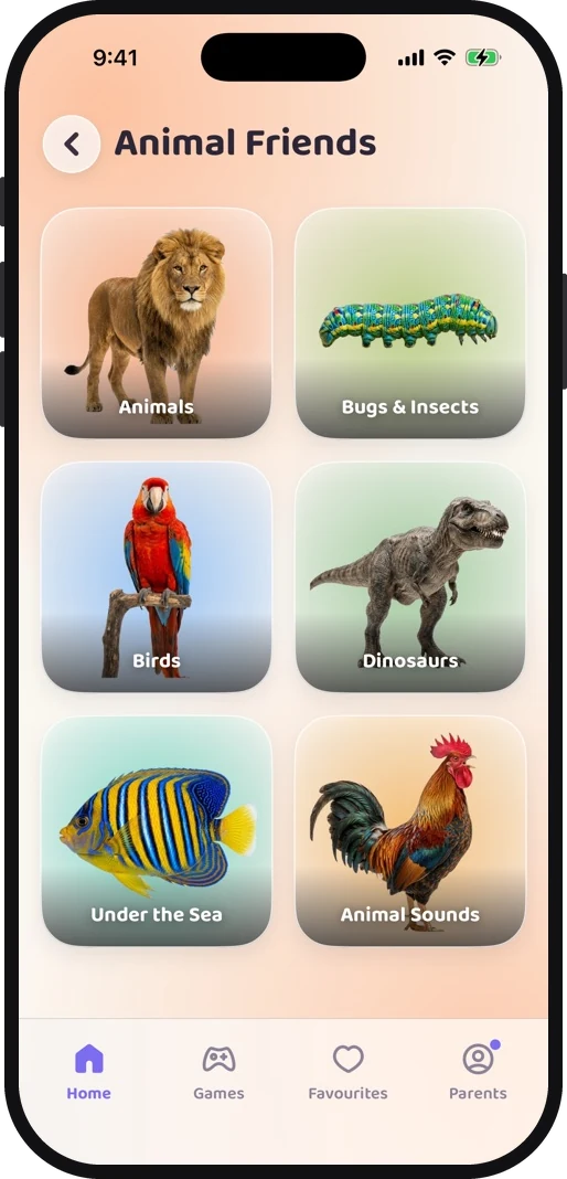 Wibbo's Animal Friends shelf: photo cards for birds, dinosaurs, bugs and insects, animals, under the sea and animal sounds