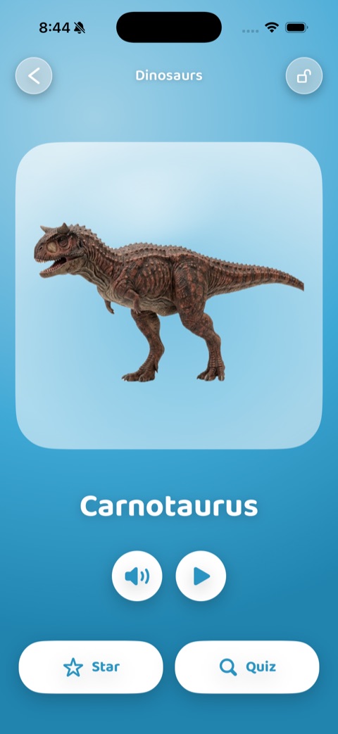 Dinosaur flashcard with buttons to hear it again or play a game