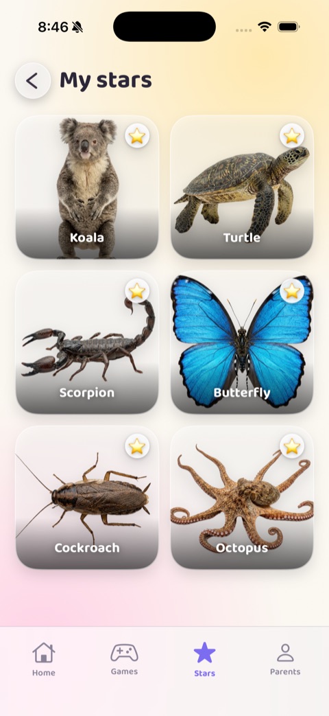 My stars screen with starred koala, turtle, butterfly and octopus cards