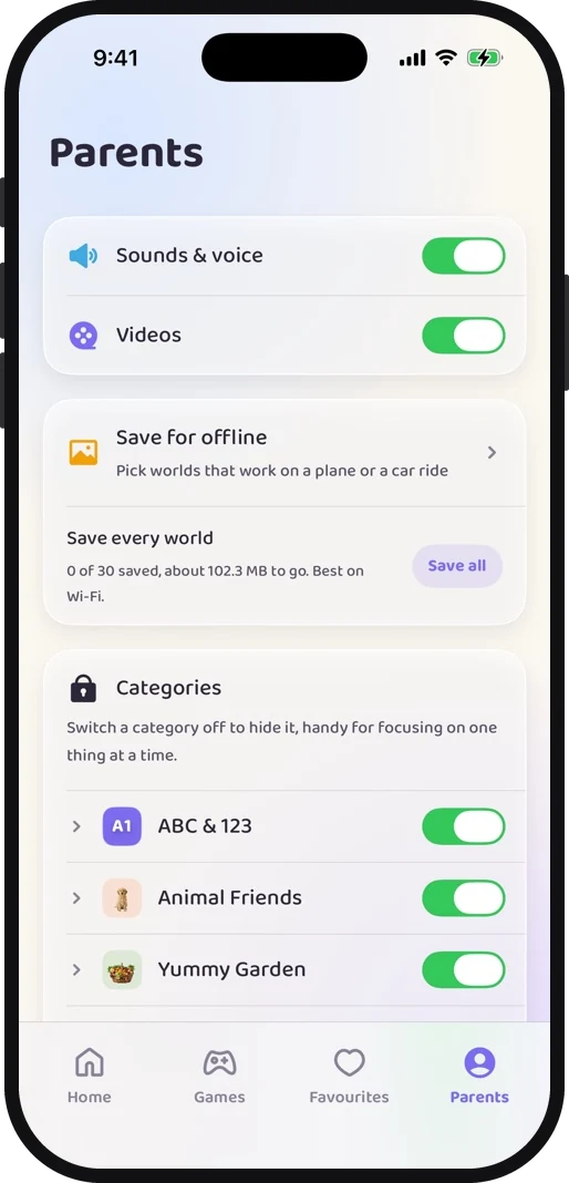 Wibbo ABC flash cards app on iPhone, light theme