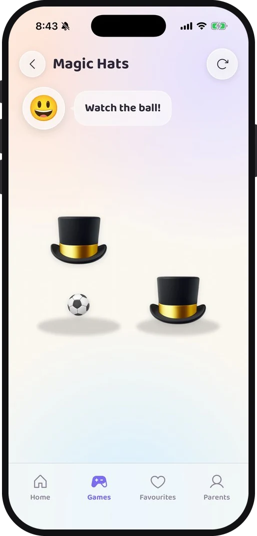 Magic Hat with two hats, one lifted to show the ball, and the voice saying watch the ball