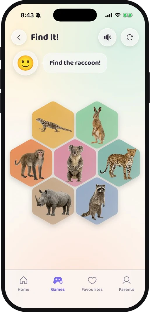 Find It asking for the raccoon, with seven animal photos on a honeycomb of hexagons